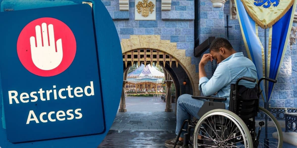 A man in a wheelchair appears dejected, holding his head with his hand. Behind him is a castle entrance with a 'Restricted Access' sign displaying a red hand, reminiscent of something you might find at Disney, implying restriction.