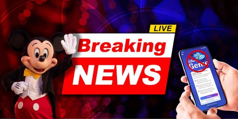 Mickey Mouse waves beside a "Breaking News" banner. A hand holds a smartphone displaying the Genie+ app, used for managing experiences and line queuing at Disney World. The background is a mix of vivid red and blue lights, adding a dynamic contrast to the scene.