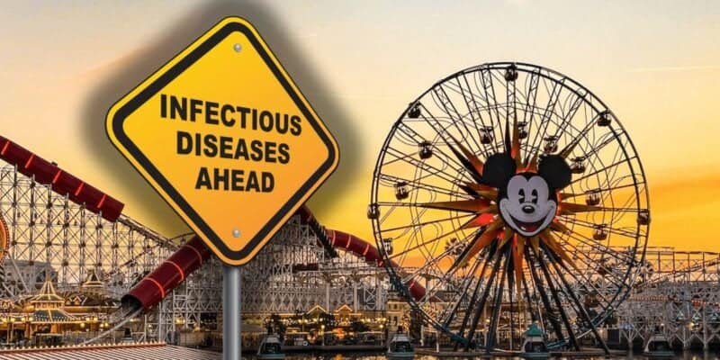 A large yellow caution sign reading "Infectious Diseases Ahead" is superimposed over an amusement park scene at sunset. The park, reminiscent of a Disney wonderland, features a Ferris wheel with a large Mickey Mouse face at its center and various roller coasters in the background.