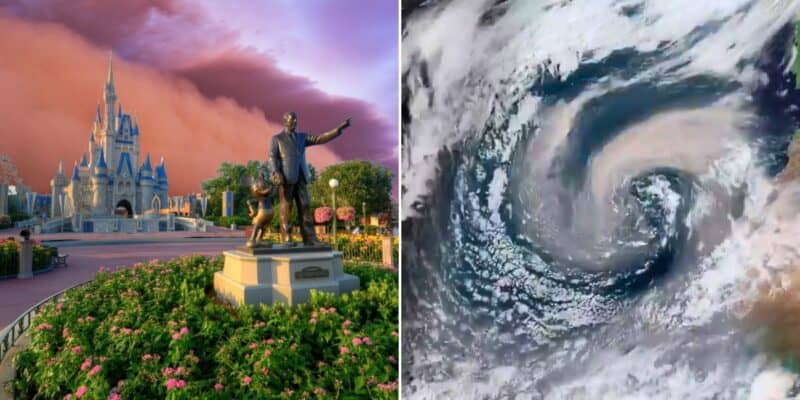 A split image showcases Cinderella Castle at Walt Disney World with a statue in front on the left, and a satellite view of a hurricane swirling over the ocean on the right. The sky is vibrant with hues of pink and purple in the Disney castle scene.