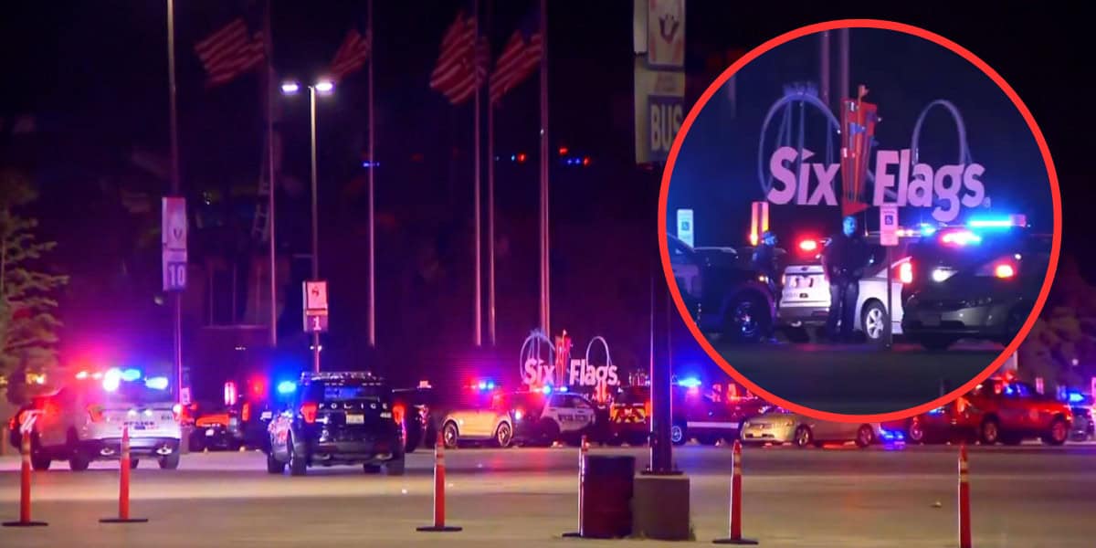 A night scene shows multiple police cars with flashing lights in a Six Flags parking lot. Inset, the Six Flags sign is illuminated, and several police vehicles are present, highlighting a significant police investigation at the amusement park.