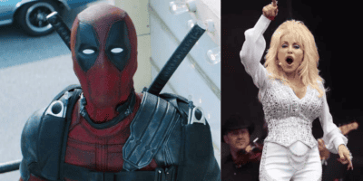 On the left, Deadpool, a masked character in a red and black suit, stands outdoors. On the right, a woman with blonde hair wearing a white, embellished outfit is passionately singing on stage while raising her right arm.