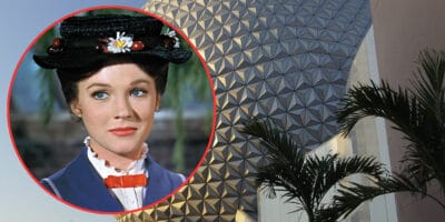 An image showing a woman in a black hat and blue coat inside a red circular frame, superimposed on the background of Disney World's Epcot Spaceship Earth structure. The woman, reminiscent of Mary Poppins with a white daisy and cherries on her hat, stands near a palm tree to the right of the structure.