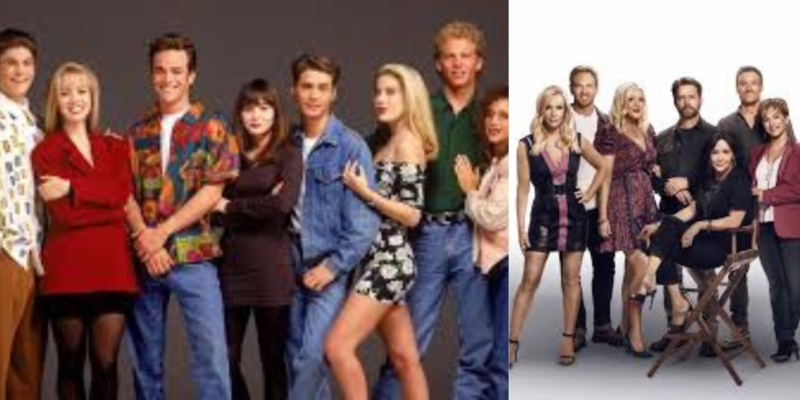 Two separate group photos side by side. The left features nine young adults in casual 90s attire, reminiscent of outfits from "The Curse of 'Beverly Hills,90210'." The right shows eight adults dressed in modern business casual outfits, some seated on stools and others standing behind them.
