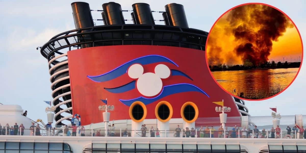 A cruise ship with Disney's iconic red funnel, featuring a white Mickey Mouse logo, sails calmly. Inset is a circular image of a large fire with thick black smoke billowing into the sky near a body of water.