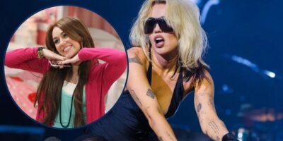 A split image showing a young woman with long brown hair wearing a pink sweater and green top in the inset, and another image of a different woman with short blonde hair, wearing sunglasses and performing in a black outfit on stage.