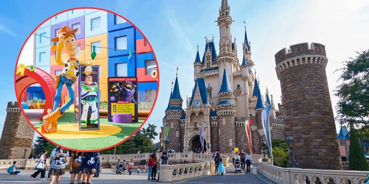 A bustling theme park features a majestic castle in the background. In the foreground, a circular inset highlights an outdoor scene with large, colorful statues of Woody and Buzz Lightyear from the movie "Toy Story," surrounded by visitors.