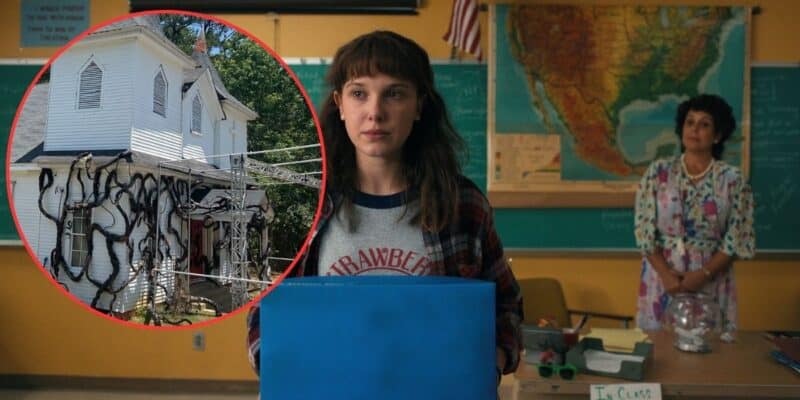 A young girl with bangs, wearing a gray and red "Strawberry" shirt, stands in a classroom holding a blue folder. A teacher with curly hair observes from behind. Inset: a white house covered in black vine-like structures. A U.S. map is visible on the wall.