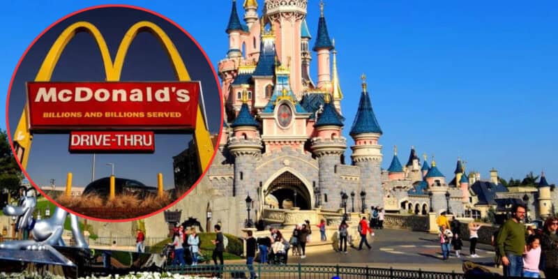 A vibrant scene at a Disneyland theme park features a fairytale castle with blue and pink towers. People are seen walking and enjoying the sunny day. Inset is a McDonald's drive-thru sign. The juxtaposition forces an element of modern commercialism into the magical setting, blending fantasy with reality.