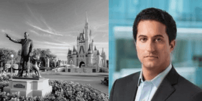 On the left, a black and white image of a statue of Walt Disney holding Mickey Mouse's hand in front of Cinderella Castle at Disneyland. On the right, a color photograph shows a Disney exec in a suit with a blurred turquoise background.