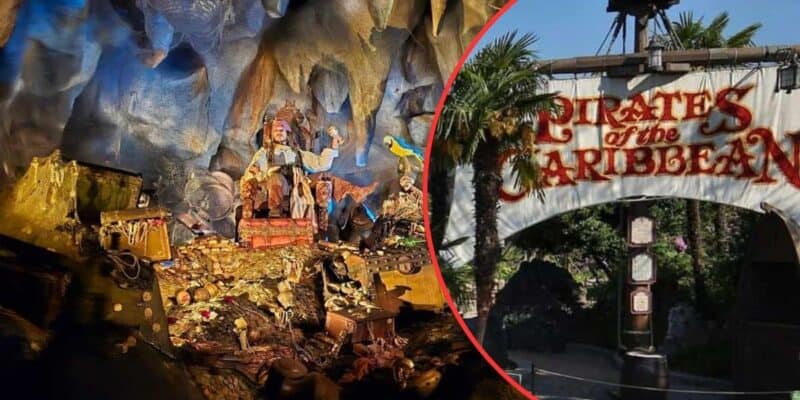 The image is split into two parts. On the left, a scene from a "Pirates of the Caribbean" ride shows a pirate sitting on a throne surrounded by treasure. On the right, the entrance sign for the "Pirates of the Caribbean" attraction is displayed with palm trees.