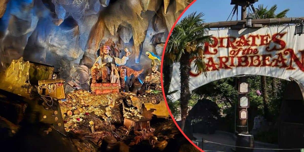 The image is split into two parts. On the left, a scene from a "Pirates of the Caribbean" ride shows a pirate sitting on a throne surrounded by treasure. On the right, the entrance sign for the "Pirates of the Caribbean" attraction is displayed with palm trees.