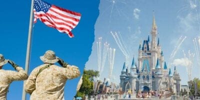 Split image with two contrasting scenes: On the left, two soldiers in camouflage uniform salute the American flag under a clear blue sky. On the right, a magical Disney castle in a theme park, with fireworks exploding in the sky above it and visitors walking around.