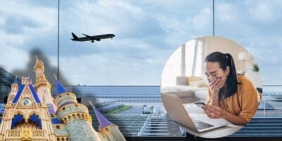 A composite image shows a woman looking distressed at her laptop while holding a credit card. Behind her, an airplane takes off near a Disney castle within an airport scene. The images suggest travel and financial concerns, possibly due to planning a Disney vacation.