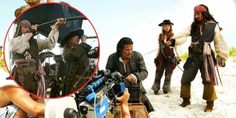 Behind-the-scenes image of a pirate movie set, reminiscent of Pirates of the Caribbean. Actors dressed in pirate costumes prepare for a scene on a sandy beach. A film crew with a camera stands in the foreground. A round inset shows a close-up of actors holding rifles.