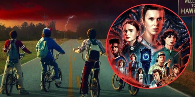The image features four kids riding bicycles down a road under a dramatic, stormy sky. To the right, there is a circular inset with a collage of various characters from the series "Stranger Things," highlighting their faces and depicting a sense of adventure and mystery.