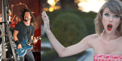On the left, a long-haired guitarist passionately plays an electric guitar, his eyes closed and mouth open. On the right, a surprised woman with short blonde hair, wearing red lipstick, holds up her hand with an open palm, apparently in a stop gesture.