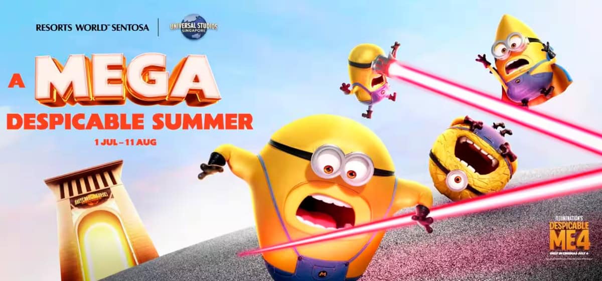 Poster promoting "A Mega Despicable Summer" event at Resorts World Sentosa, featuring Universal Studios Singapore and "Despicable Me 4." Watch Minions' playful antics, including one shooting laser beams. Join the fun at the theme park from July 1 to August 11!