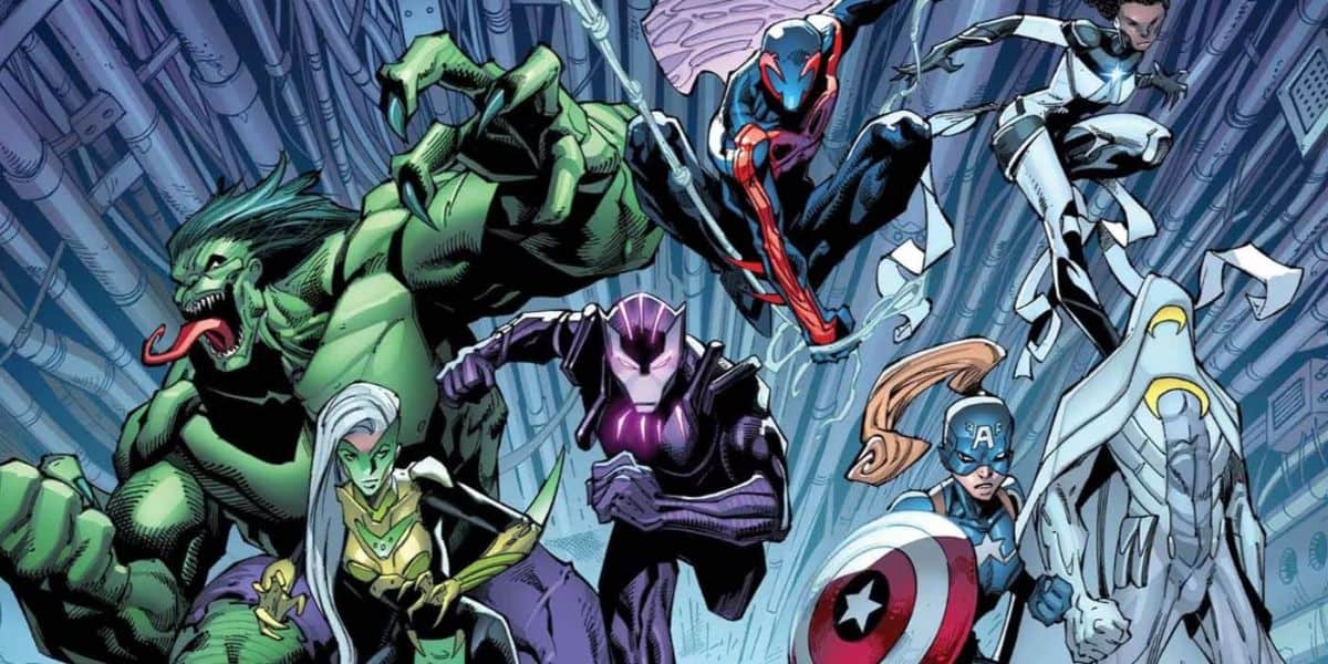 A dynamic comic book illustration depicting a the "Avengers 2099" team of superheroes in action-ready poses. The group features a muscular green character, a black and purple armored figure, and a shield-wielding hero reminiscent of an MCU hero. They leap forward against a metallic background in colorful costumes.