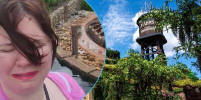 Left: A woman looks sad. Right: The exterior of Tiana's Bayou Adventure at Magic Kingdom.
