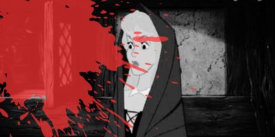 A black and white image partially covered with red splatters. The background shows a wooden wall and a door with diamond-pane windows. In the foreground, a person wearing a hooded cloak stands, looking to the left with a concerned expression in what could be described as a dark horror sequel featuring an unlikely Disney Princess.