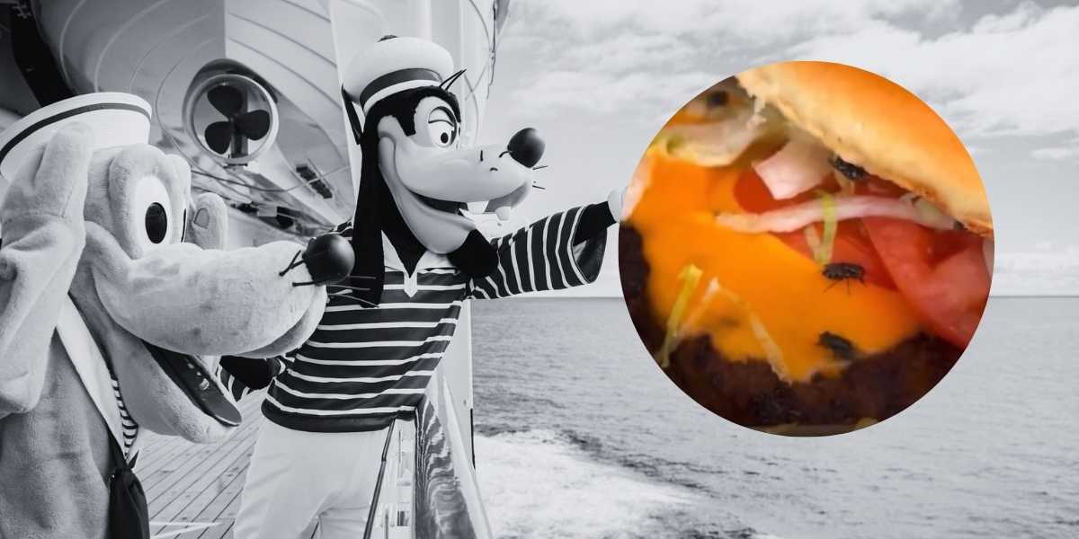 Two animated characters in sailor outfits, one resembling a dog and the other a Goofy-like figure, look out over a ship railing. A circular inset shows a close-up of a cheeseburger with flies on it, perhaps an auto draft error. The background is a monochrome view of the sea.