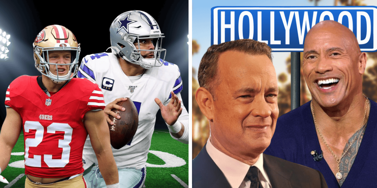 Split image: Left side shows two American football players in action on the field, one in a red jersey and one in a blue jersey. Right side features two smiling men, including the host of "Wheel of Fortune," standing in front of a "Hollywood" backdrop, one wearing a suit and the other in a casual shirt.