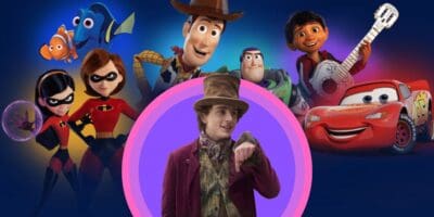 Several animated characters, including Dory, Mrs. Incredible, Violet, Woody, Buzz Lightyear, Miguel, and Lightning McQueen—all beloved icons from the Disney Company—are arranged around a central image of a young man wearing a brown top hat and coat. The background features a gradient of dark blue.