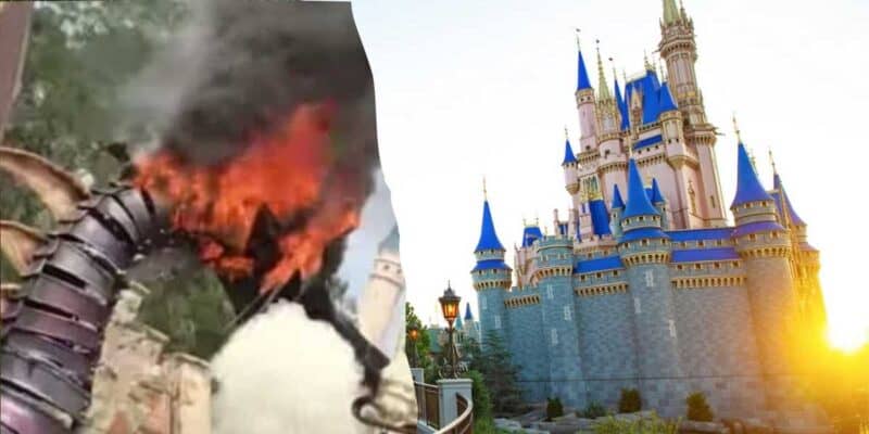 On the left, a mechanical dragon's neck is engulfed in flames. On the right, a scenic view of a castle with blue and gold details is bathed in sunlight, reminiscent of the Magic Kingdom.
