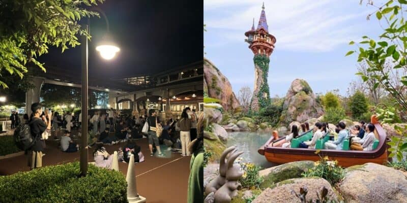 On the left, guests swarm under a lamppost at night, presumably waiting or resting in a park. The right side shows a boat ride with passengers traveling through a scenic area filled with rocks and greenery, with a tall, whimsical castle tower in the background, reminiscent of Disney Park attractions.