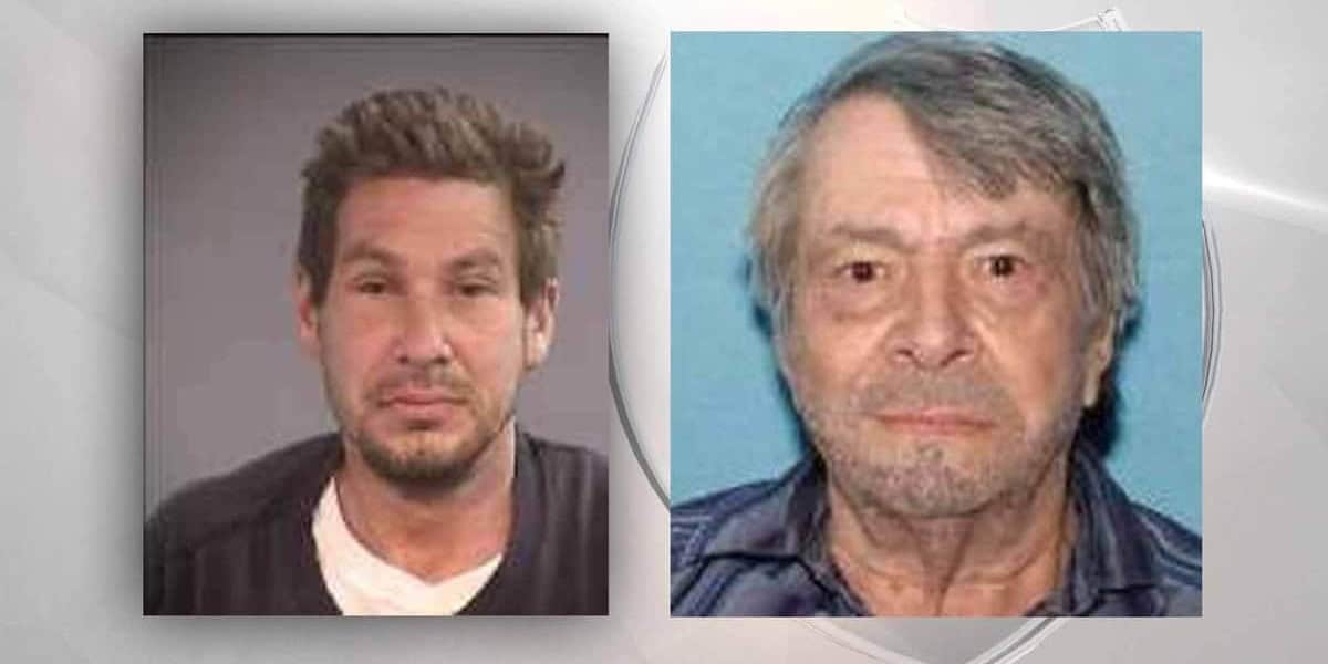 Two police mugshots side by side. The left image shows a man with unkempt dark hair wearing a dark shirt and appearing slightly disheveled. The right image depicts an older man with graying hair and a serious expression, wearing a blue collared shirt.