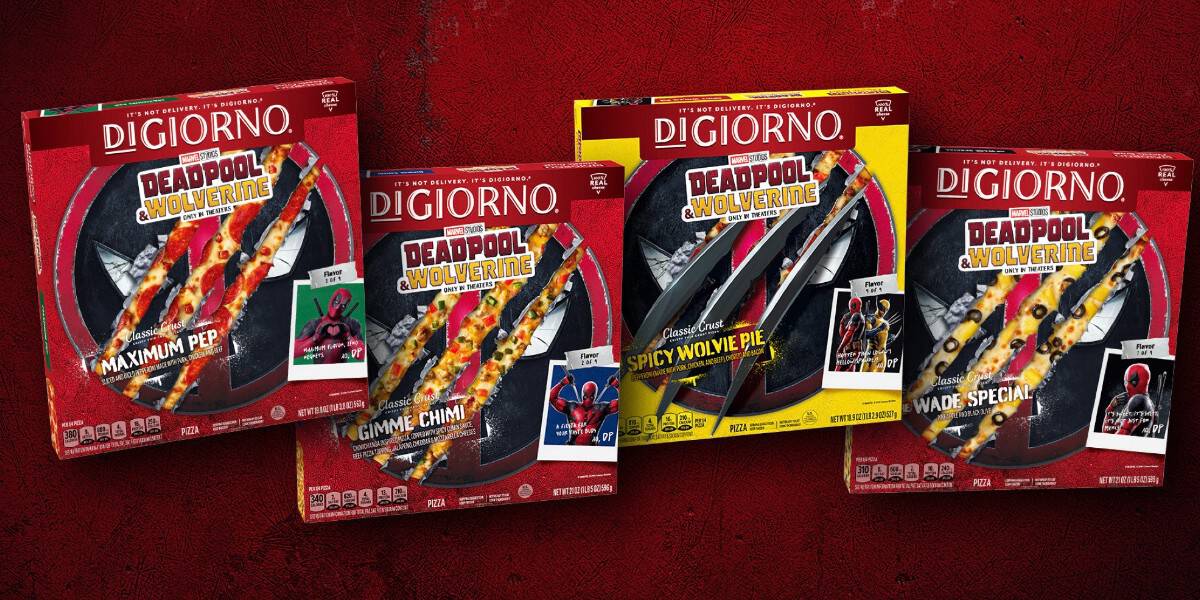 Four DiGiorno pizza boxes featuring Deadpool and Wolverine-themed designs are arranged against a red background. The flavors are labeled as "Maximum Pepperoni," "Gimme Chimichanga," "Spicy Righteous Supreme," and "Wade Special.