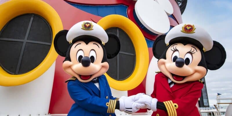 Mickey Mouse and Minnie Mouse are dressed in captain uniforms at Disney Cruise Line.