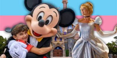An edited image of Mickey Mouse hugging a child, Cinderella, and Cinderella Castle at Walt Disney World in front of a trans pride flag.
