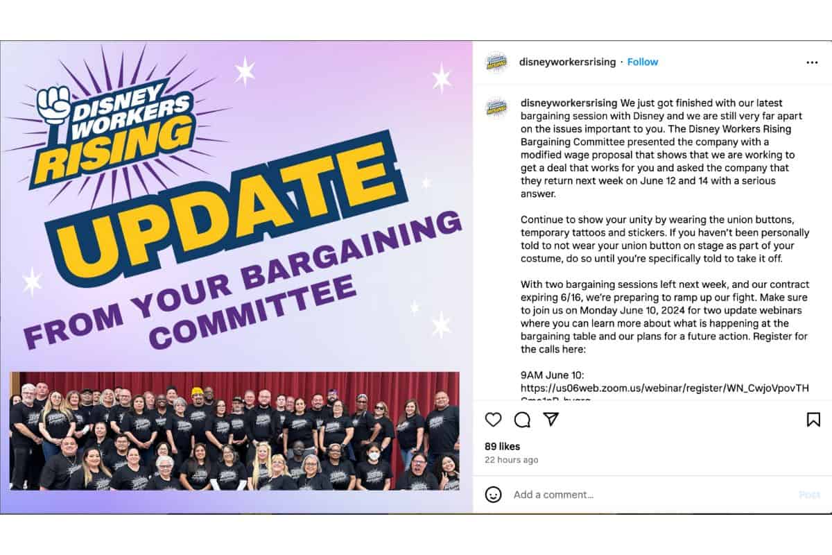An Instagram post from "disneyworkersrising" displays a banner that reads "UPDATE FROM YOUR BARGAINING COMMITTEE" with a group photo of Disney cast members in themed attire below it. The caption elaborates on recent bargaining sessions and upcoming events.