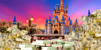 Stacks and piles of U.S. dollar bills are prominently displayed in front of a colorful Disney World castle at sunset, creating a contrast between the enchanting background and the large amounts of money earmarked for theme park tickets in the foreground.