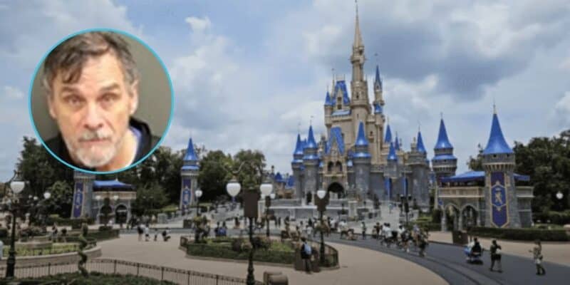 A mugshot taken during the arrest of Michael Geary overlaid on top of a photo of Cinderella Castle at Walt Disney World Resort.