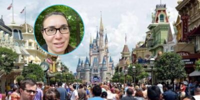 A woman talking about her child's food allergies at Disney World over a picture of Magic Kingdom Park.