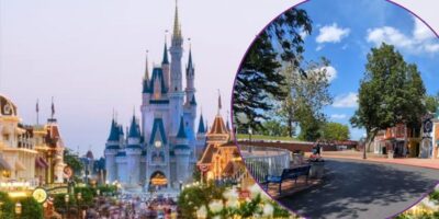 An image of Main Street at Magic Kingdom at Disney World next to Main Street at Adventureland Resort.