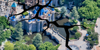An aerial view of a Disney Park with a large castle at its center. The image is overlaid with a digitally added effect of large cracks spreading across the scene, as if an earthquake had rattled the ground. Lush greenery and water features surround the castle.