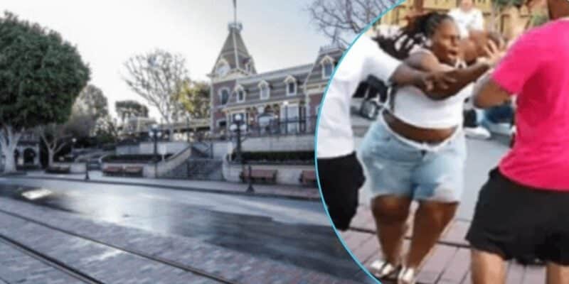 Left: Main street USA at Disneyland, where the fights over pickles take place. Right: A 2019 brawl at Disneyland.