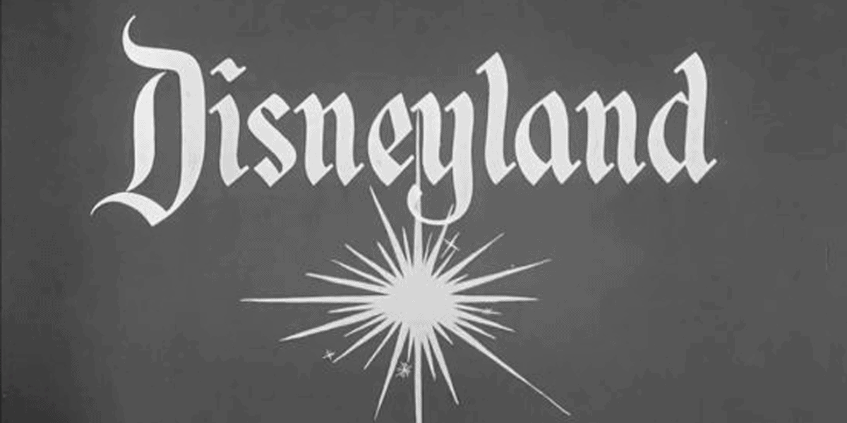 Black and white image featuring the word "Disneyland" in a gothic, stylized font above a starburst graphic radiating from the center. The design has a vintage, classic feel reminiscent of early Disneyland promotional materials, evoking an era when special privileges and strategic partnerships shaped its magic.