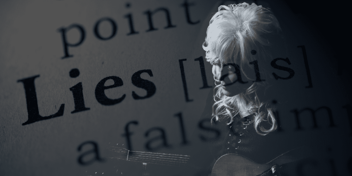 A grayscale image shows the word "Lies" in large font from a dictionary page overlaying a faded side profile of a person with long, wavy hair playing a string instrument, possibly a guitar, evoking the profound narrative depth seen in Dolly Parton's charity work and musical storytelling.