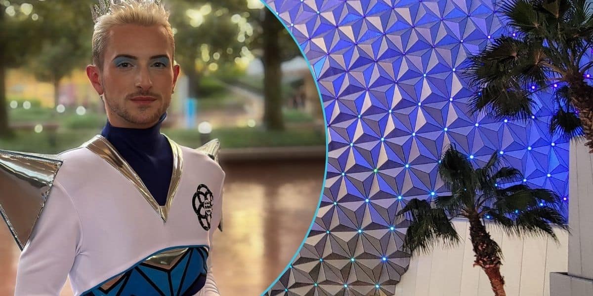 Brandon in his EPCOT costume pictured next to Spaceship Earth at Disney World.