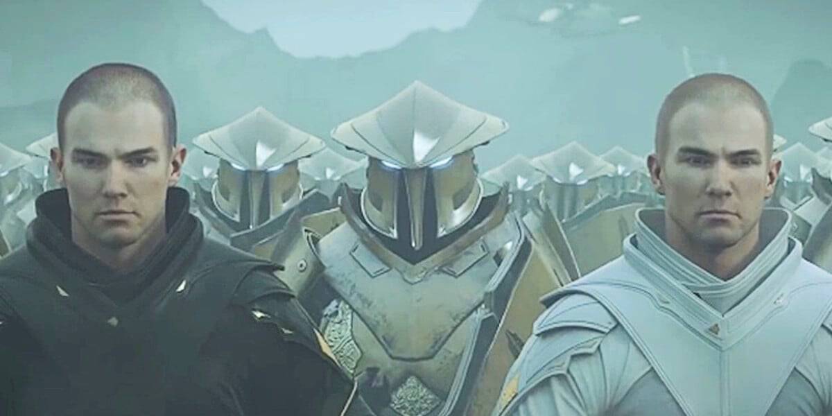 Two armored men with stern expressions stand at the forefront, one in dark armor and the other in light armor, with a battalion of armored soldiers behind them. The background appears misty, suggesting a somber or intense atmosphere.