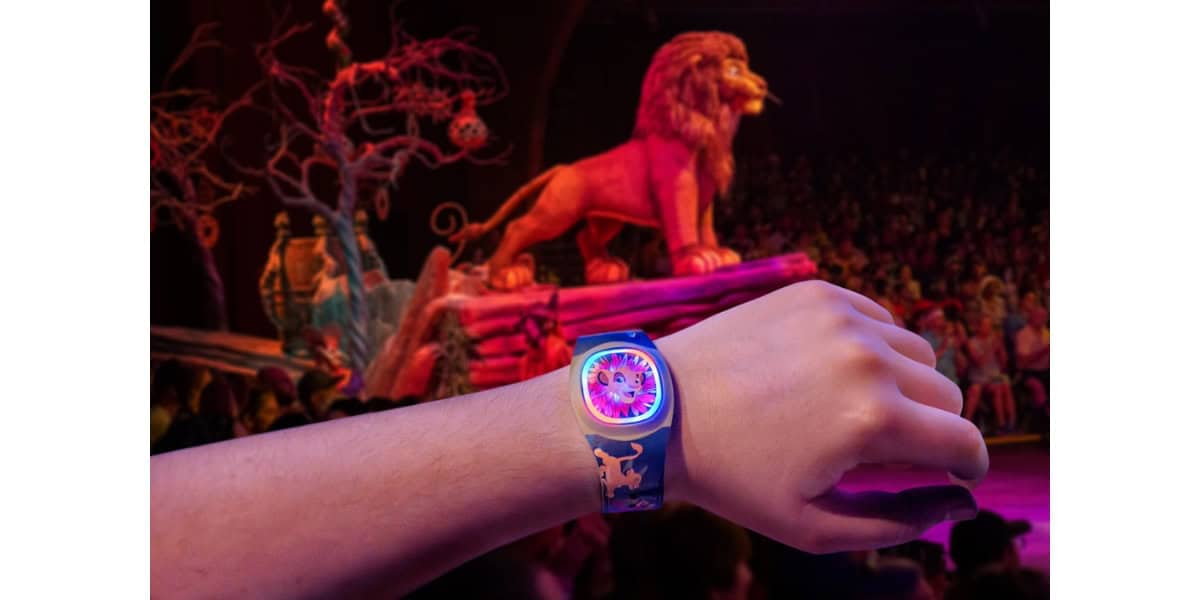 A person's hand is raised, showcasing a colorful wristwatch with a detailed design, while in the background, a large, illuminated lion statue stands on a rock with a vibrant, animated stage set and audience visible.