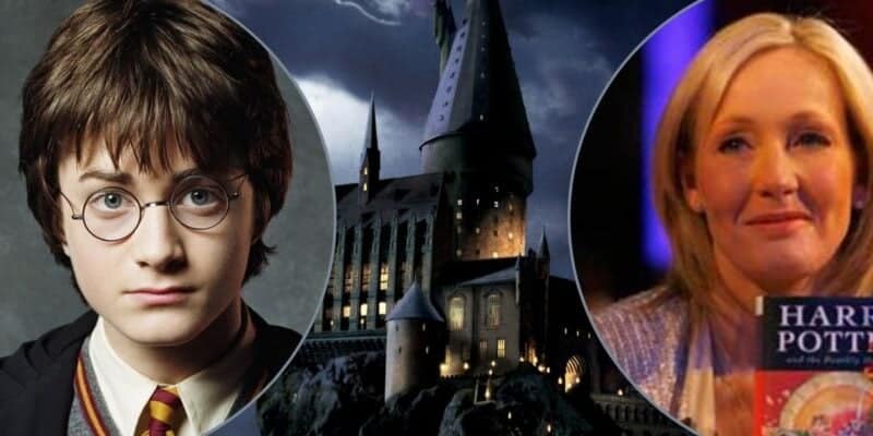 An image with three segments: Daniel Radcliffe as Harry Potter, Hogwarts at night, JK Rowling holding a Harry Potter book.