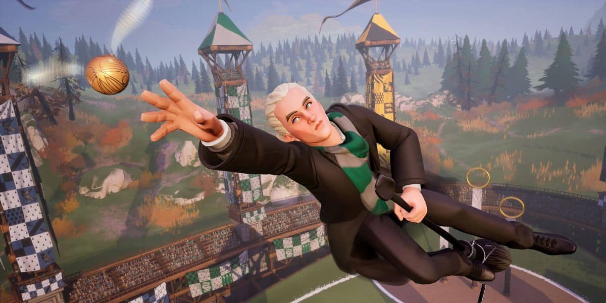 A person in a green and silver scarf, resembling a student from the Slytherin house in Harry Potter, flies on a broomstick while reaching out to grab a golden snitch. They are in a Quidditch stadium with trees and a scenic background, amidst the excitement of the September release.