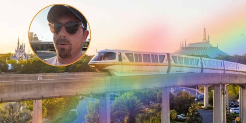 A monorail is traveling on an elevated track with a scenic backdrop of trees and landmarks at sunset. A circular inset in the top left corner shows a close-up of a man wearing sunglasses and a cap, enjoying Disney World. A rainbow-colored filter overlays parts of the image of Disney World, evoking Pride Celebrations.