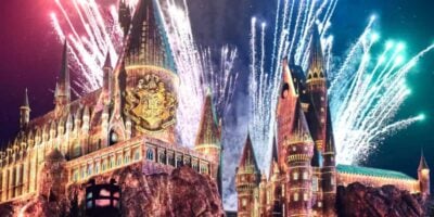 Colorful fireworks behind Hogwarts Castle